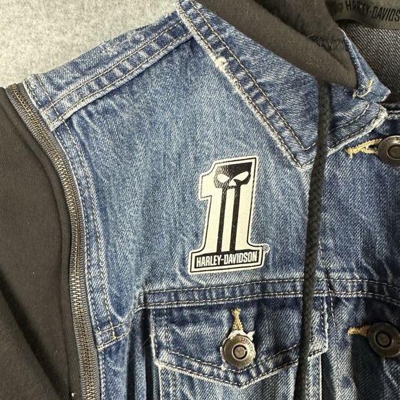 Harley Davidson Zip Off Sleeve Denim Jacket S Indigo Wash Hoodie Milwaukee, WI - Picture 3 of 13